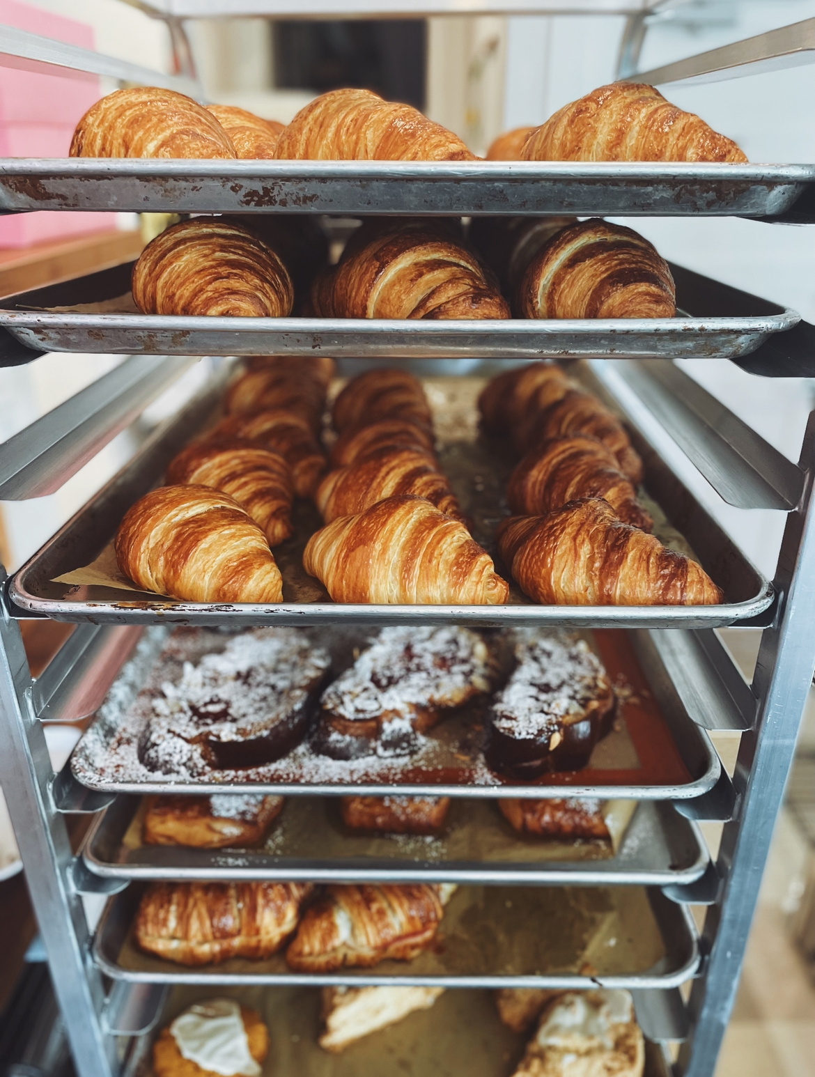Full rack of golden croissants